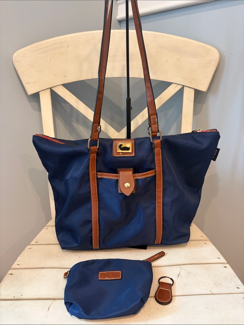 Dooney & Bourke Wayfarer Navy Nylon Tote with Brown Leather Trim and Pouch